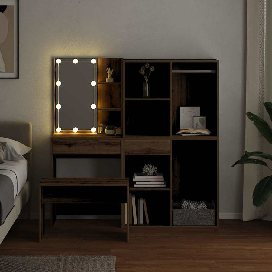 Kaptafelset Met Led-Verlichting Bewerkt Hout Artisanaal Eiken artisanaal eikenkleurig