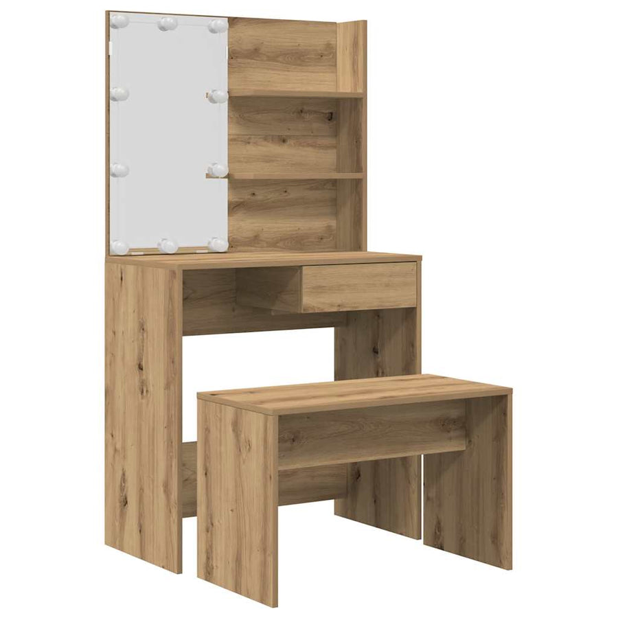 Kaptafelset Met Led-Verlichting Bewerkt Hout Artisanaal Eiken 74.5 x 40 x 141 cm