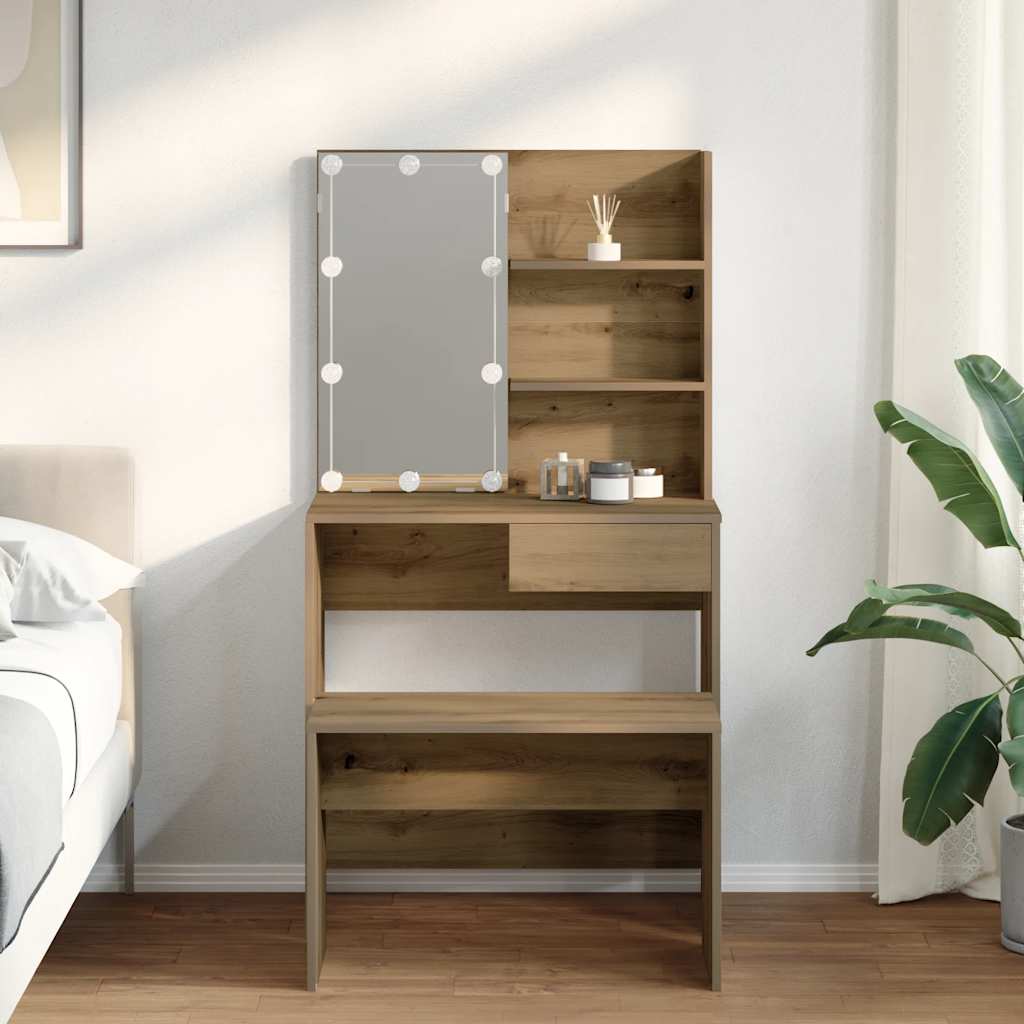 Kaptafelset Met Led-Verlichting Bewerkt Hout Artisanaal Eiken 74.5 x 40 x 141 cm