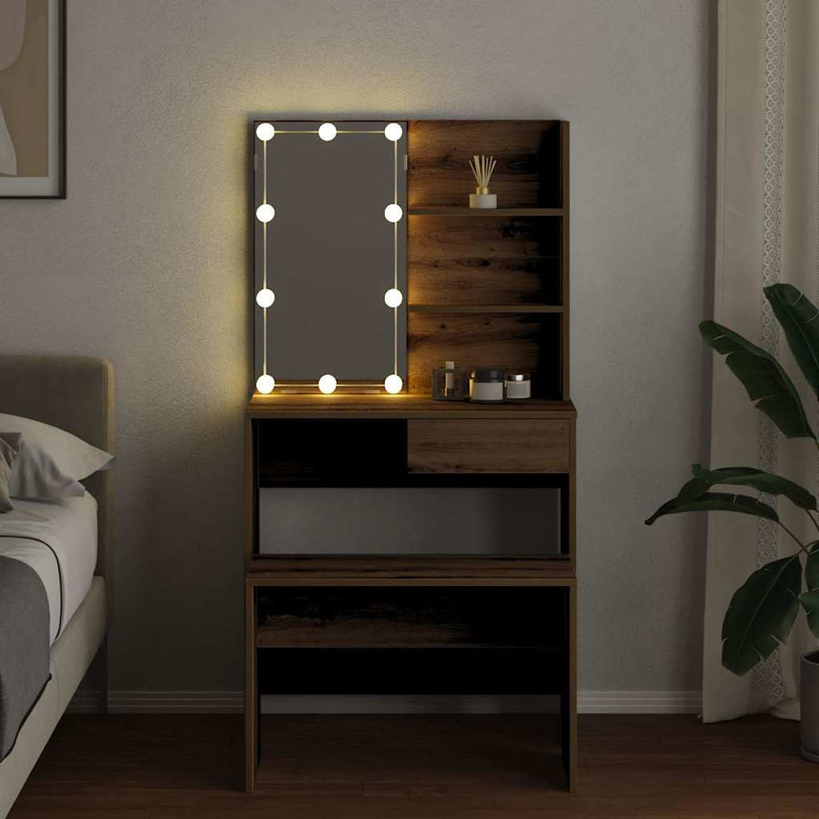 Kaptafelset Met Led-Verlichting Bewerkt Hout Artisanaal Eiken 74.5 x 40 x 141 cm