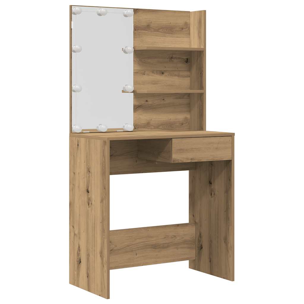 Kaptafelset Met Led-Verlichting Bewerkt Hout Artisanaal Eiken 74.5 x 40 x 141 cm