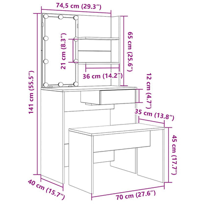 Kaptafelset Met Led-Verlichting Bewerkt Hout Artisanaal Eiken 74.5 x 40 x 141 cm