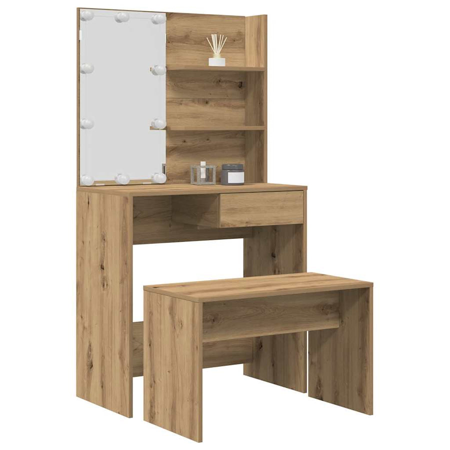 Kaptafelset Met Led-Verlichting Bewerkt Hout Artisanaal Eiken 74.5 x 40 x 141 cm