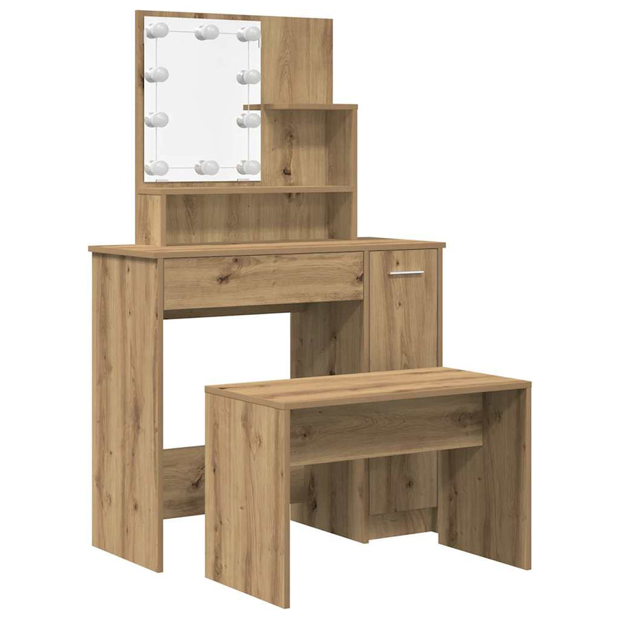 Kaptafelset Met Led-Verlichting Bewerkt Hout Artisanaal Eiken 86.5 x 35 x 136 cm
