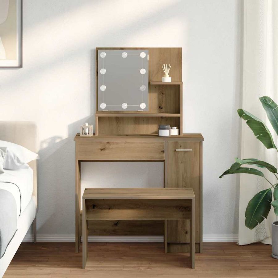 Kaptafelset Met Led-Verlichting Bewerkt Hout Artisanaal Eiken 86.5 x 35 x 136 cm