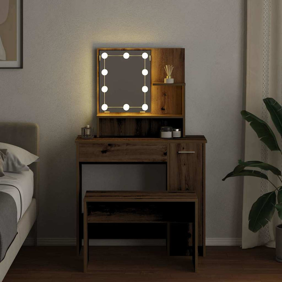 Kaptafelset Met Led-Verlichting Bewerkt Hout Artisanaal Eiken 86.5 x 35 x 136 cm