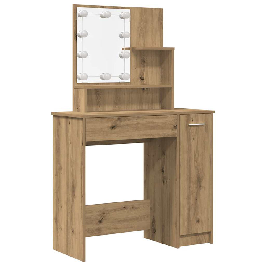 Kaptafelset Met Led-Verlichting Bewerkt Hout Artisanaal Eiken 86.5 x 35 x 136 cm