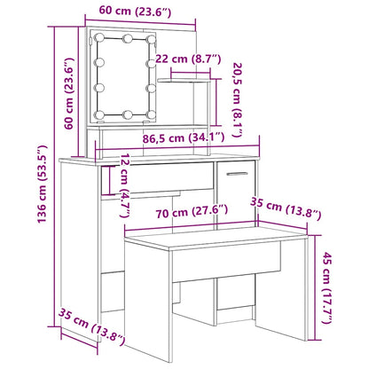 Kaptafelset Met Led-Verlichting Bewerkt Hout Artisanaal Eiken 86.5 x 35 x 136 cm