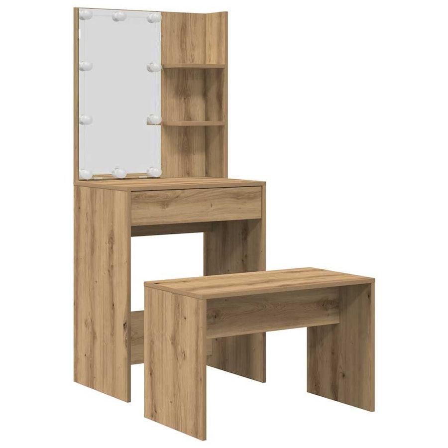 Kaptafelset Met Led-Verlichting Bewerkt Hout Artisanaal Eiken 60 x 40 x 140 cm