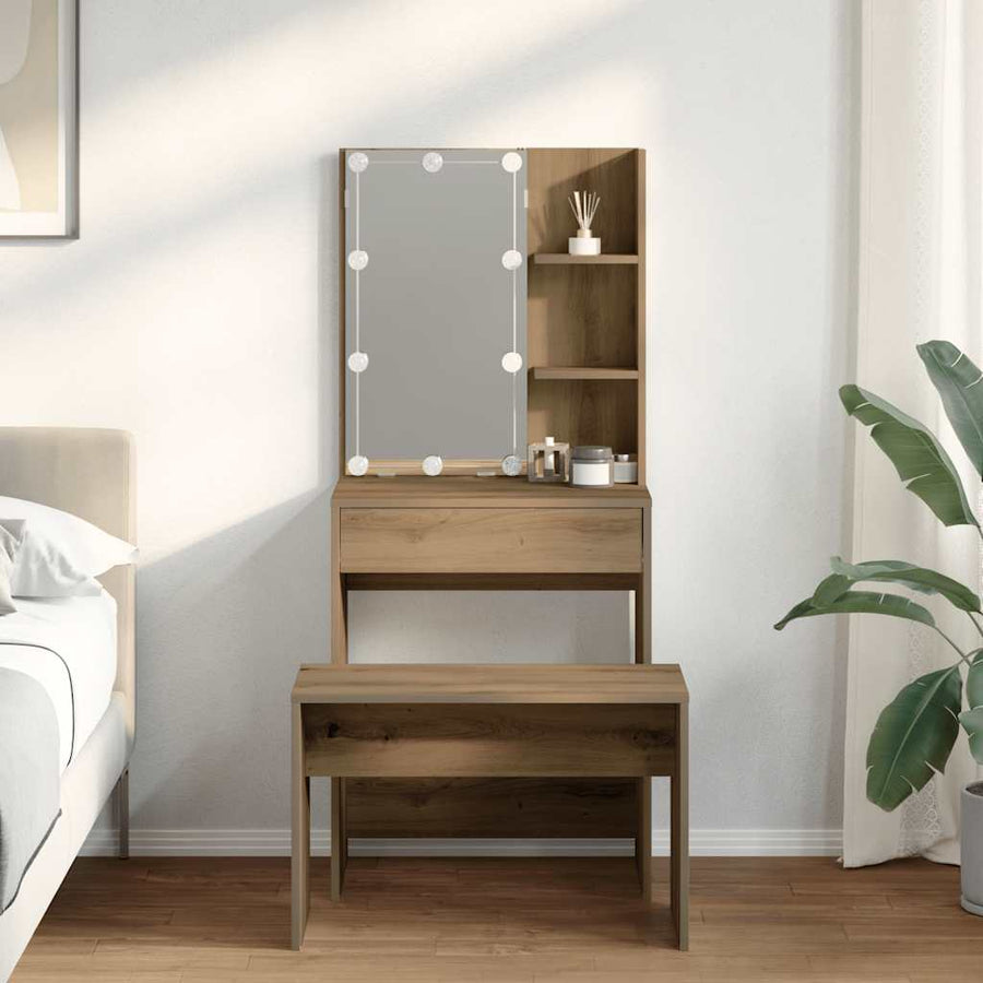 Kaptafelset Met Led-Verlichting Bewerkt Hout Artisanaal Eiken 60 x 40 x 140 cm