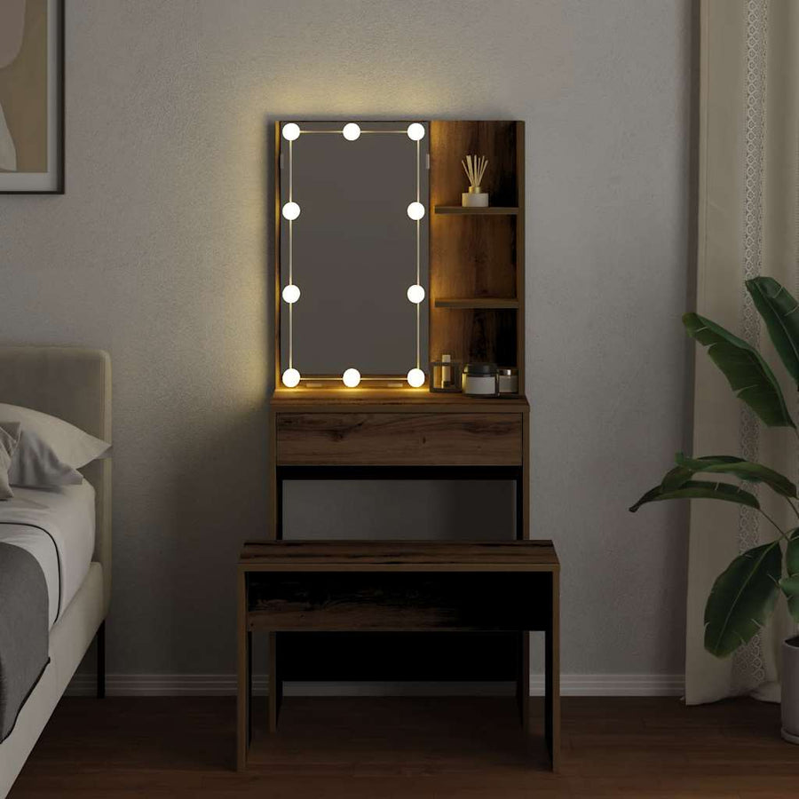 Kaptafelset Met Led-Verlichting Bewerkt Hout Artisanaal Eiken 60 x 40 x 140 cm