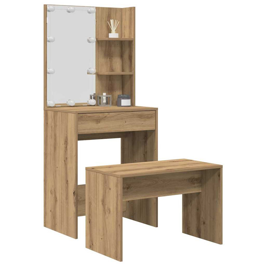 Kaptafelset Met Led-Verlichting Bewerkt Hout Artisanaal Eiken 60 x 40 x 140 cm