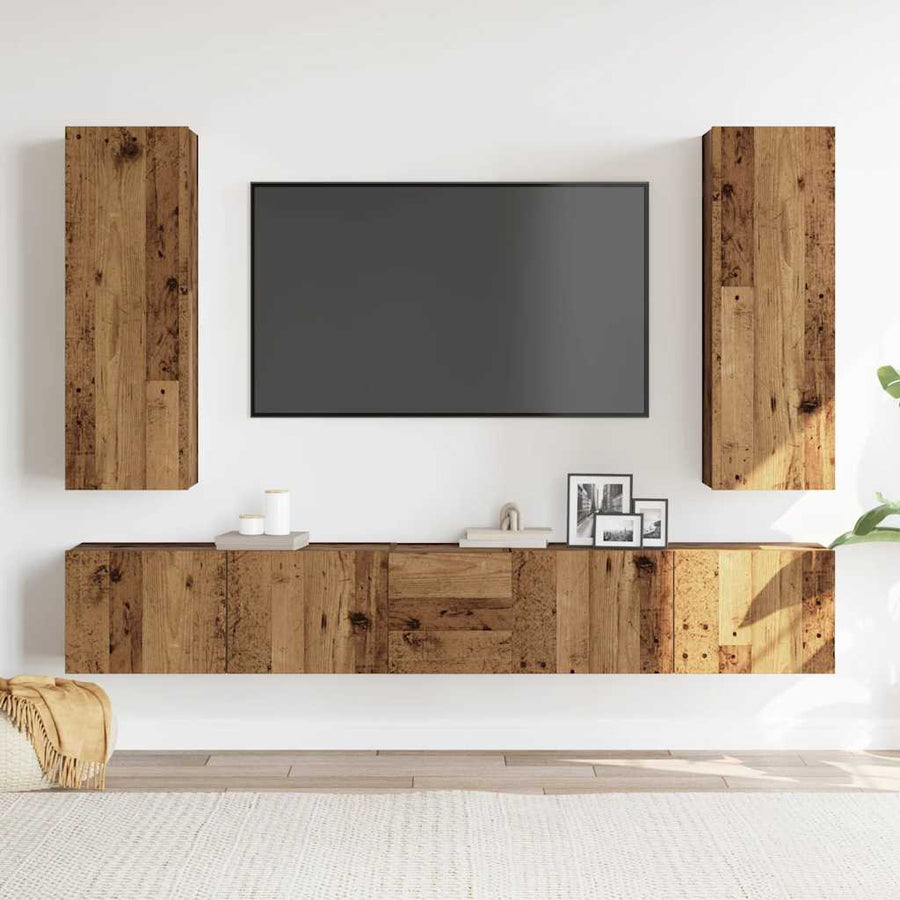 5-delig Tv-meubelset wandmontage bewerkt hout oud houtkleurig