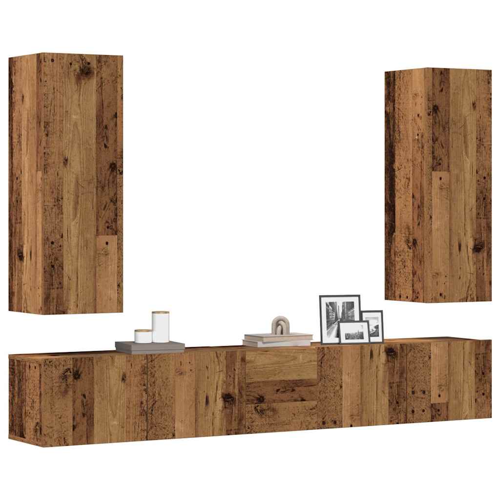 5-delig Tv-meubelset wandmontage bewerkt hout oud houtkleurig