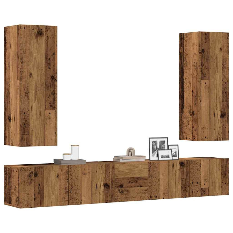 5-delig Tv-meubelset wandmontage bewerkt hout oud houtkleurig