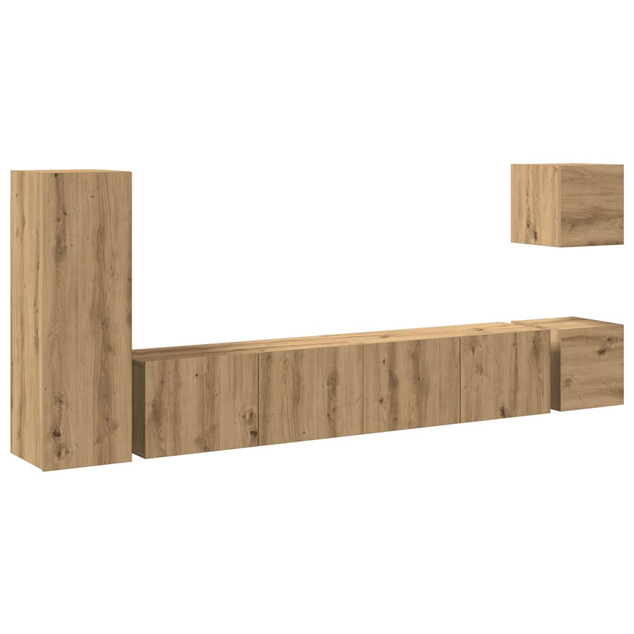 5-Delig Tv-Meubelset Wandmontage Bewerkt Hout Artisanaal Eiken