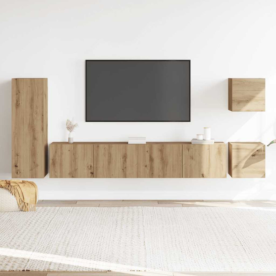 5-Delig Tv-Meubelset Wandmontage Bewerkt Hout Artisanaal Eiken