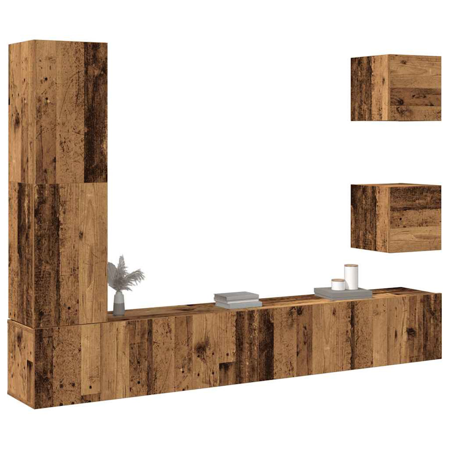 5-delig Tv-meubelset wandmontage bewerkt hout oud houtkleurig