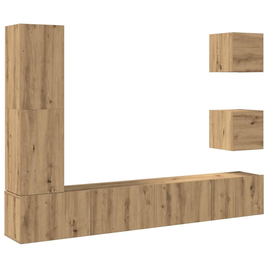 5-Delig Tv-Meubelset Wandmontage Bewerkt Hout Artisanaal Eiken