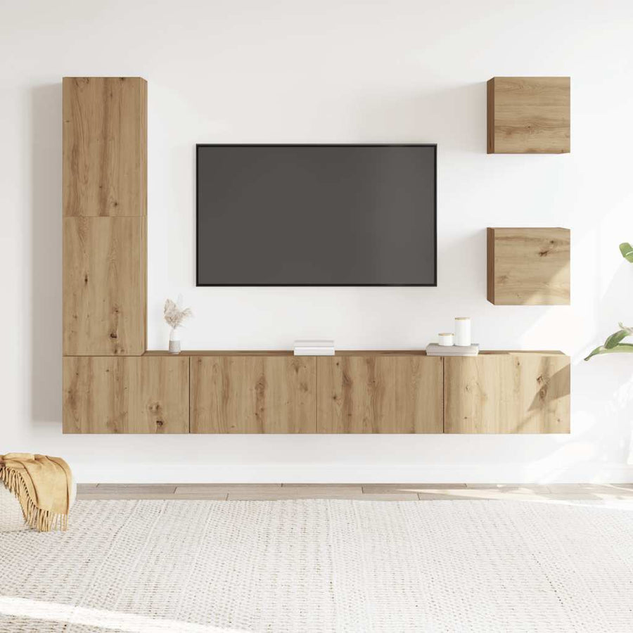 5-Delig Tv-Meubelset Wandmontage Bewerkt Hout Artisanaal Eiken