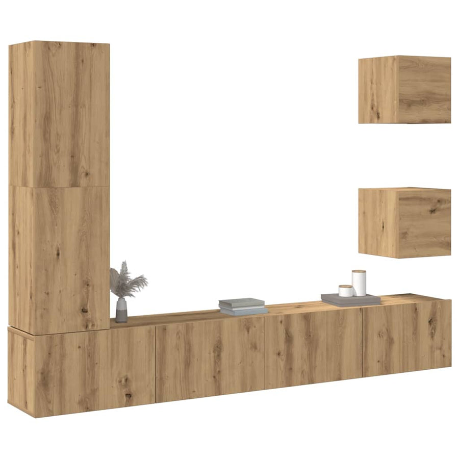 5-Delig Tv-Meubelset Wandmontage Bewerkt Hout Artisanaal Eiken