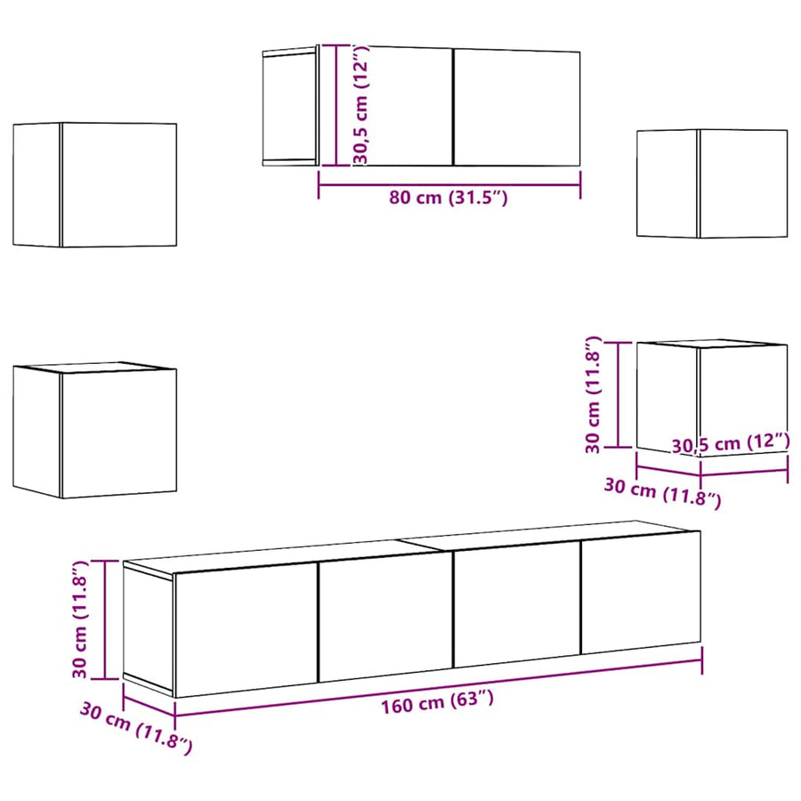 7-Delig Tv-Meubelset Wandmontage Artisanaal Eiken 80 cm