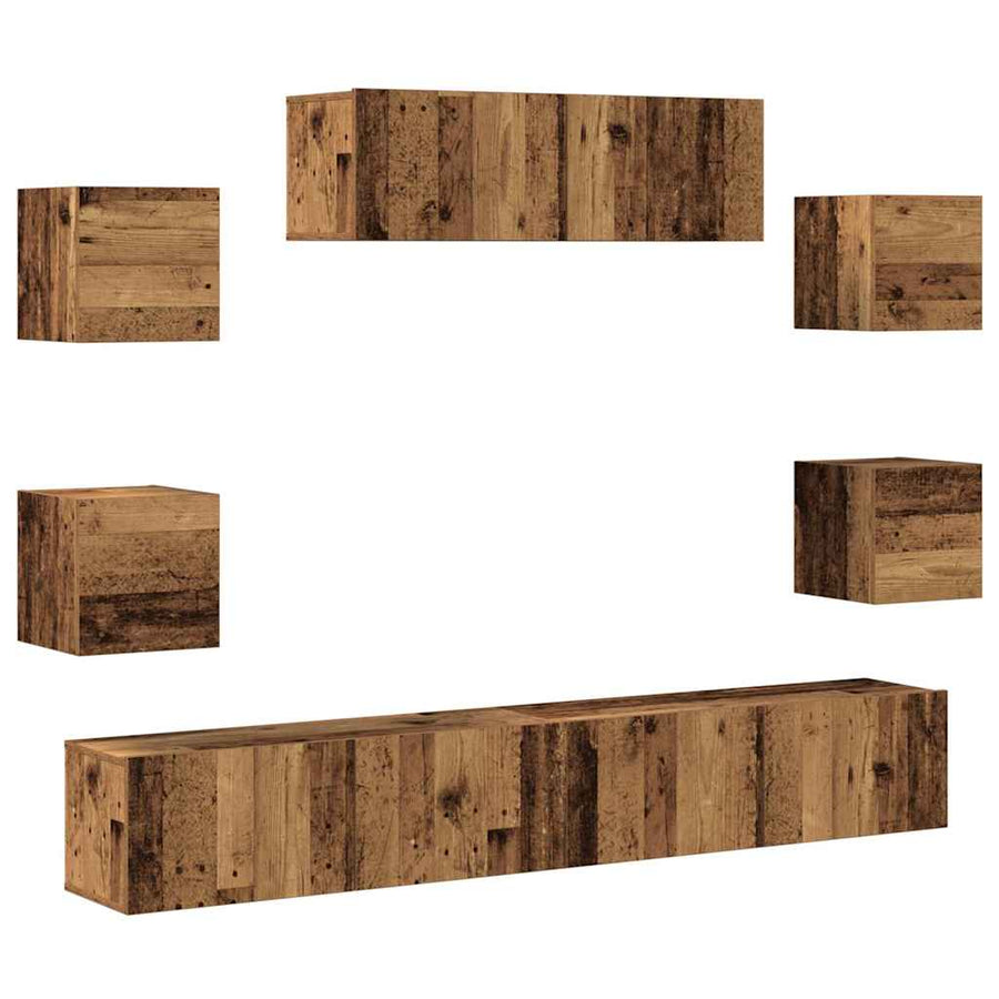 7-delig Tv-meubelset wandmontage bewerkt hout oud houtkleurig