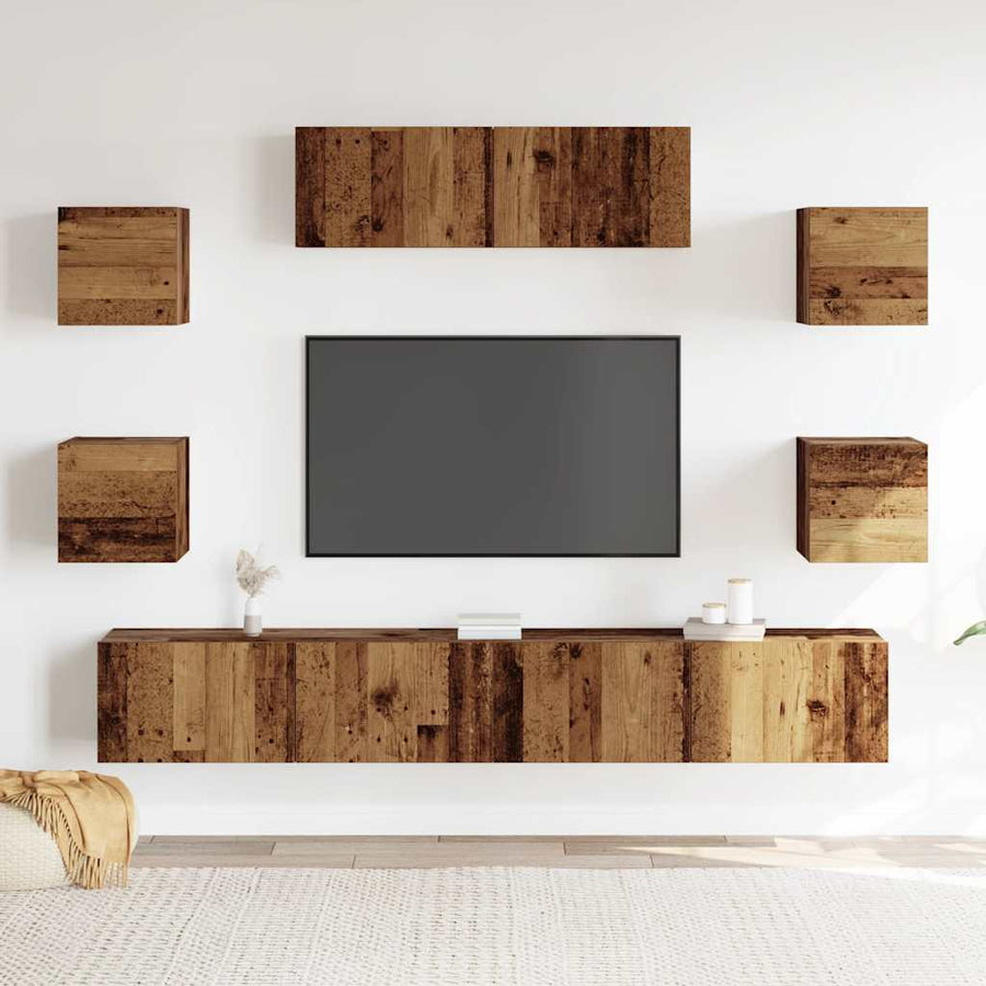 7-delig Tv-meubelset wandmontage bewerkt hout oud houtkleurig