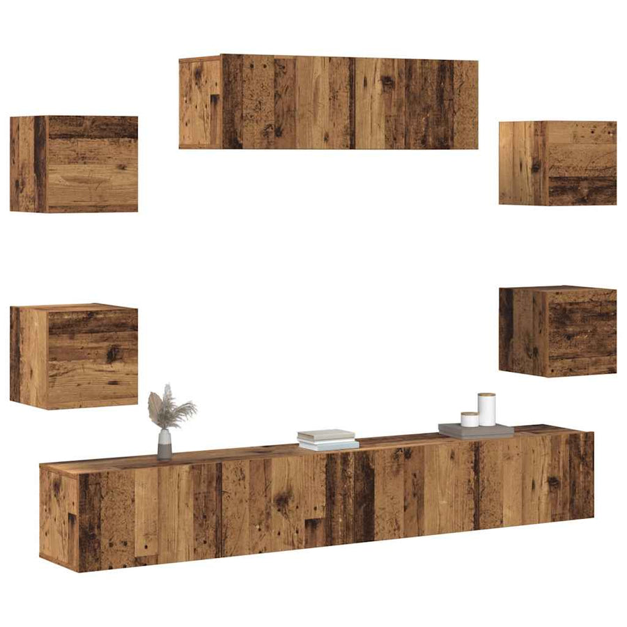 7-delig Tv-meubelset wandmontage bewerkt hout oud houtkleurig