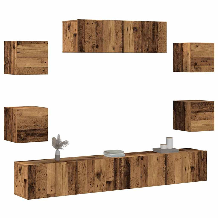 7-delig Tv-meubelset wandmontage bewerkt hout oud houtkleurig
