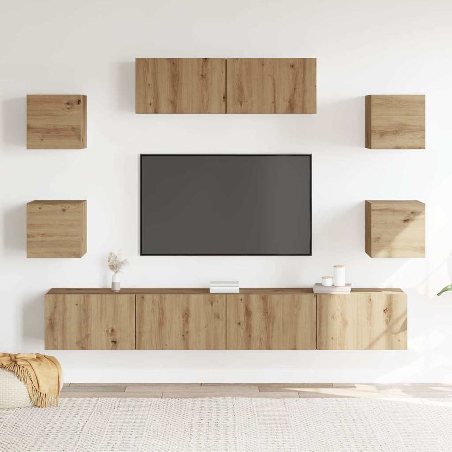 7-Delig Tv-Meubelset Wandmontage Bewerkt Hout Artisanaal Eiken 100 cm