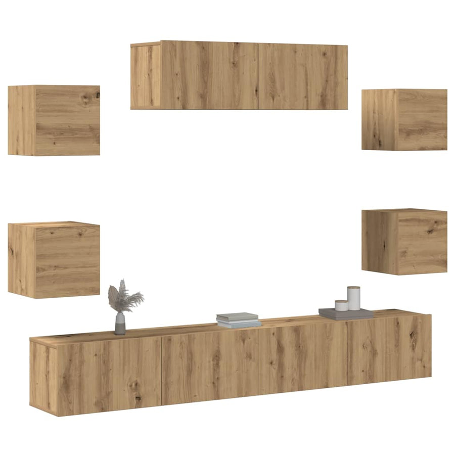 7-Delig Tv-Meubelset Wandmontage Bewerkt Hout Artisanaal Eiken 100 cm