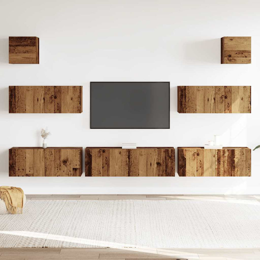 7-delig Tv-meubelset wandmontage bewerkt hout oud houtkleurig