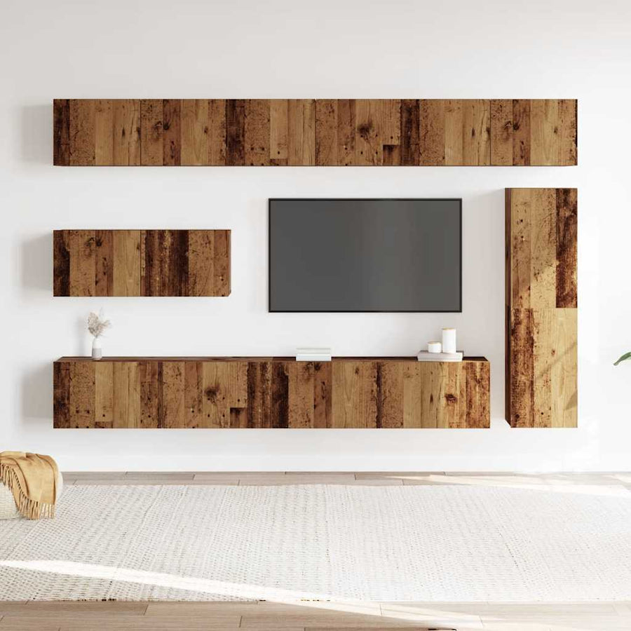 7-delig Tv-meubelset wandmontage bewerkt hout oud houtkleurig