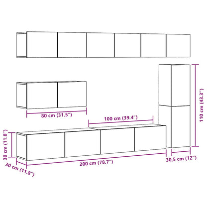 7-delig Tv-meubelset wandmontage bewerkt hout oud houtkleurig