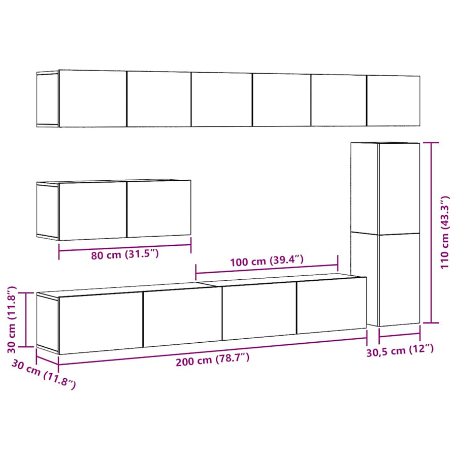 7-delig Tv-meubelset wandmontage bewerkt hout oud houtkleurig