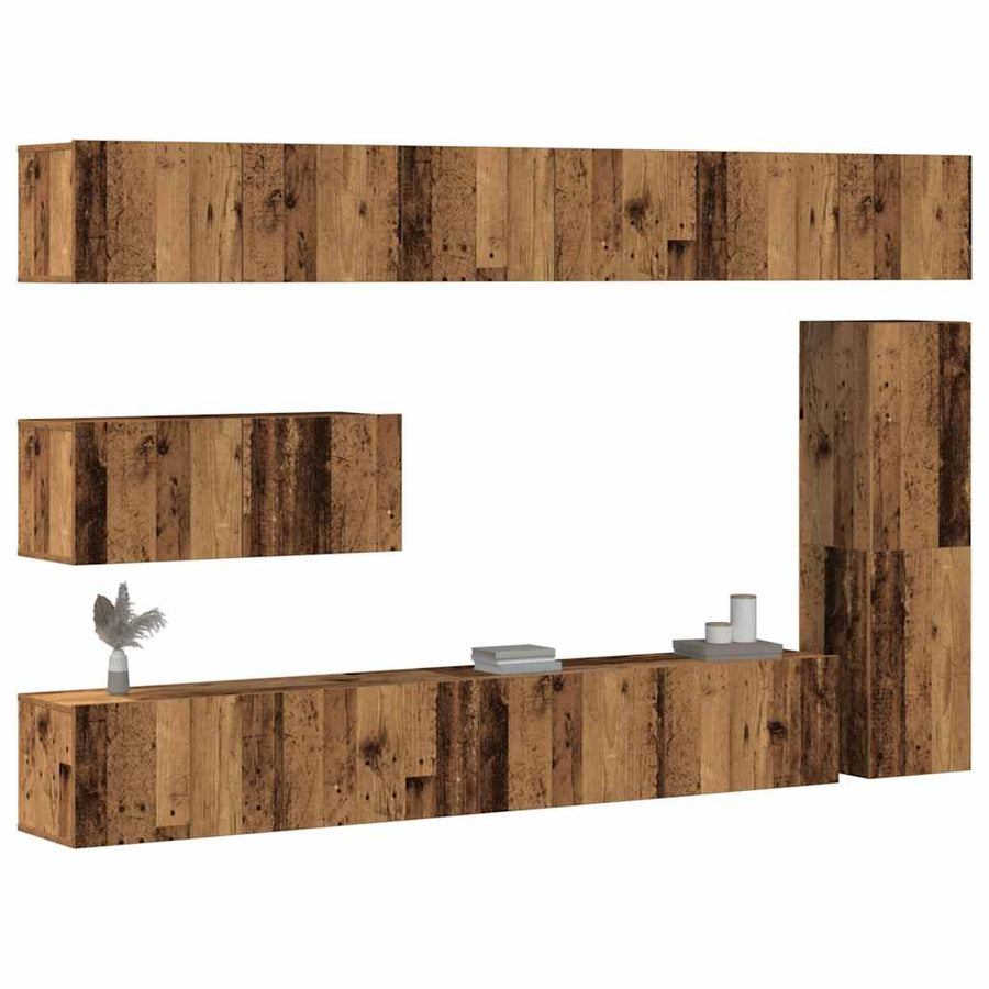 7-delig Tv-meubelset wandmontage bewerkt hout oud houtkleurig