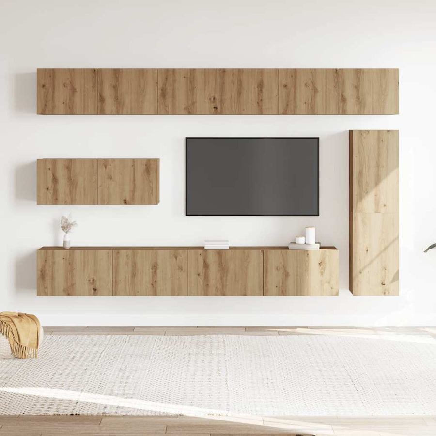 7-delig Tv-meubelset wandmontage bewerkt hout artisanaal eiken