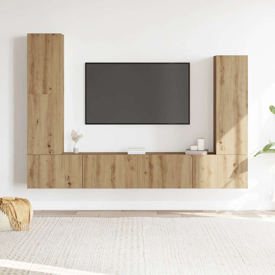 4-delig Tv-meubelset wandmontage bewerkt hout artisanaal eiken