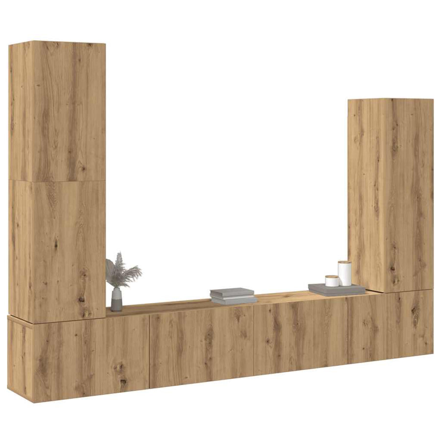 4-delig Tv-meubelset wandmontage bewerkt hout artisanaal eiken