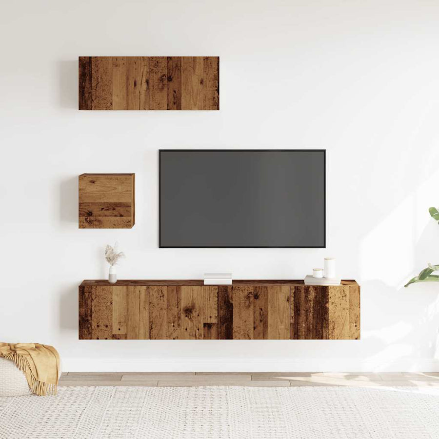 4-delig Tv-meubelset wandmontage bewerkt hout oud houtkleurig