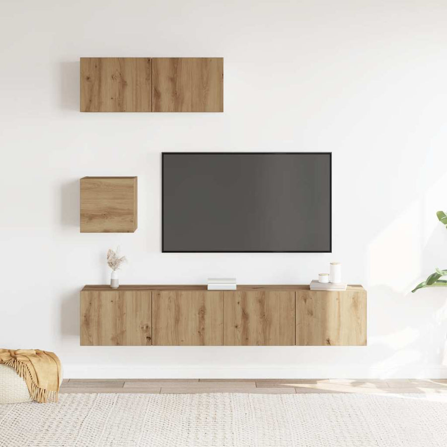 4-delig Tv-meubelset wandmontage bewerkt hout artisanaal eiken