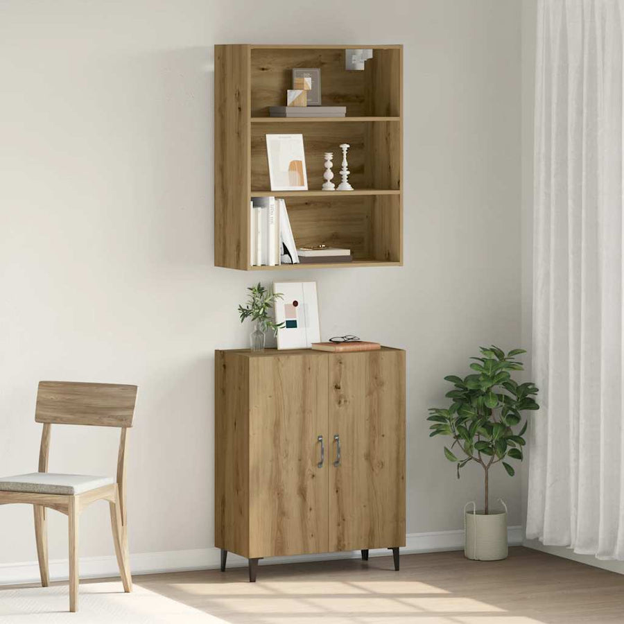 Dressoir met wandkast bewerkt hout artisanaal eikenkleur