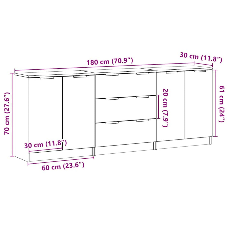 Dressoirs 3 st 60x30x70 cm bewerkt hout artisanaal eikenkleurig