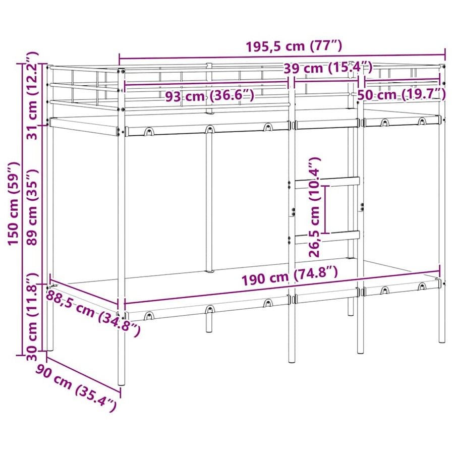 Stapelbed Zonder Matras Staal 90 x 190 cm Zwart