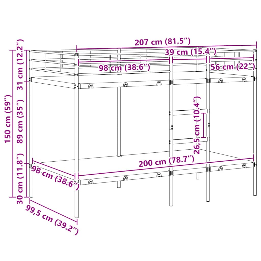 Stapelbed Zonder Matras Staal 100 x 200 cm Zwart