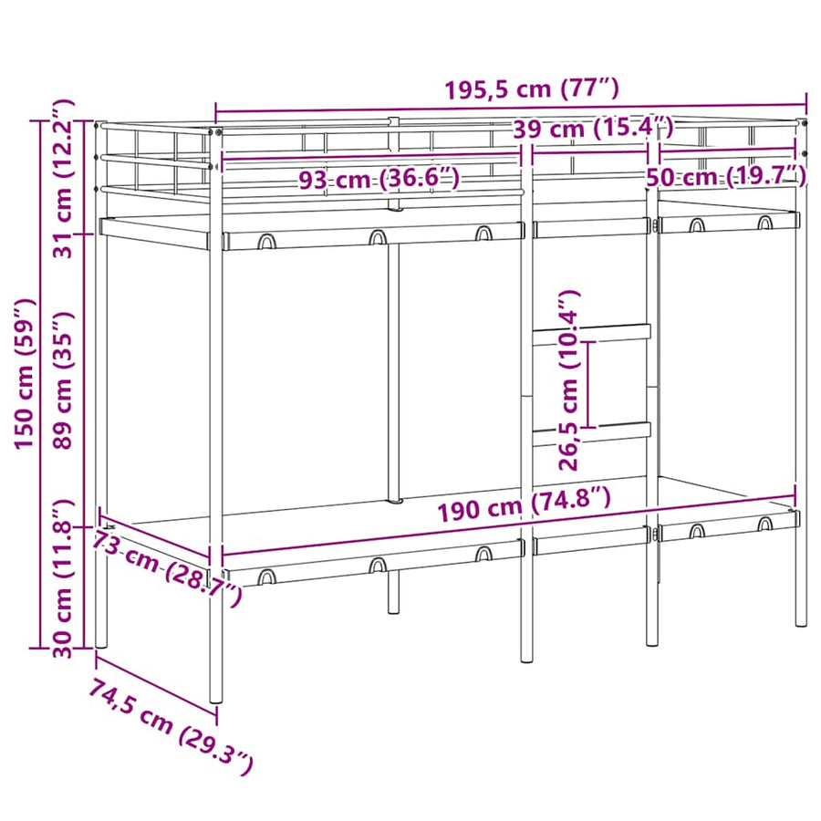 Stapelbed Zonder Matras Staal 75 x 190 cm Wit