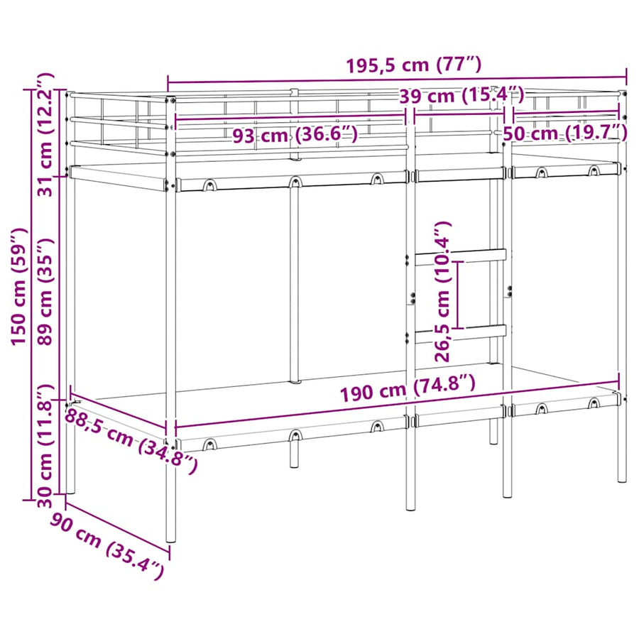Stapelbed Zonder Matras Staal 90 x 190 cm Wit