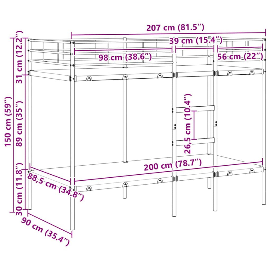 Stapelbed Zonder Matras Staal 90 x 200 cm Wit
