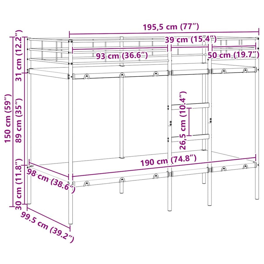 Stapelbed Zonder Matras Staal 100 x 190 cm Wit